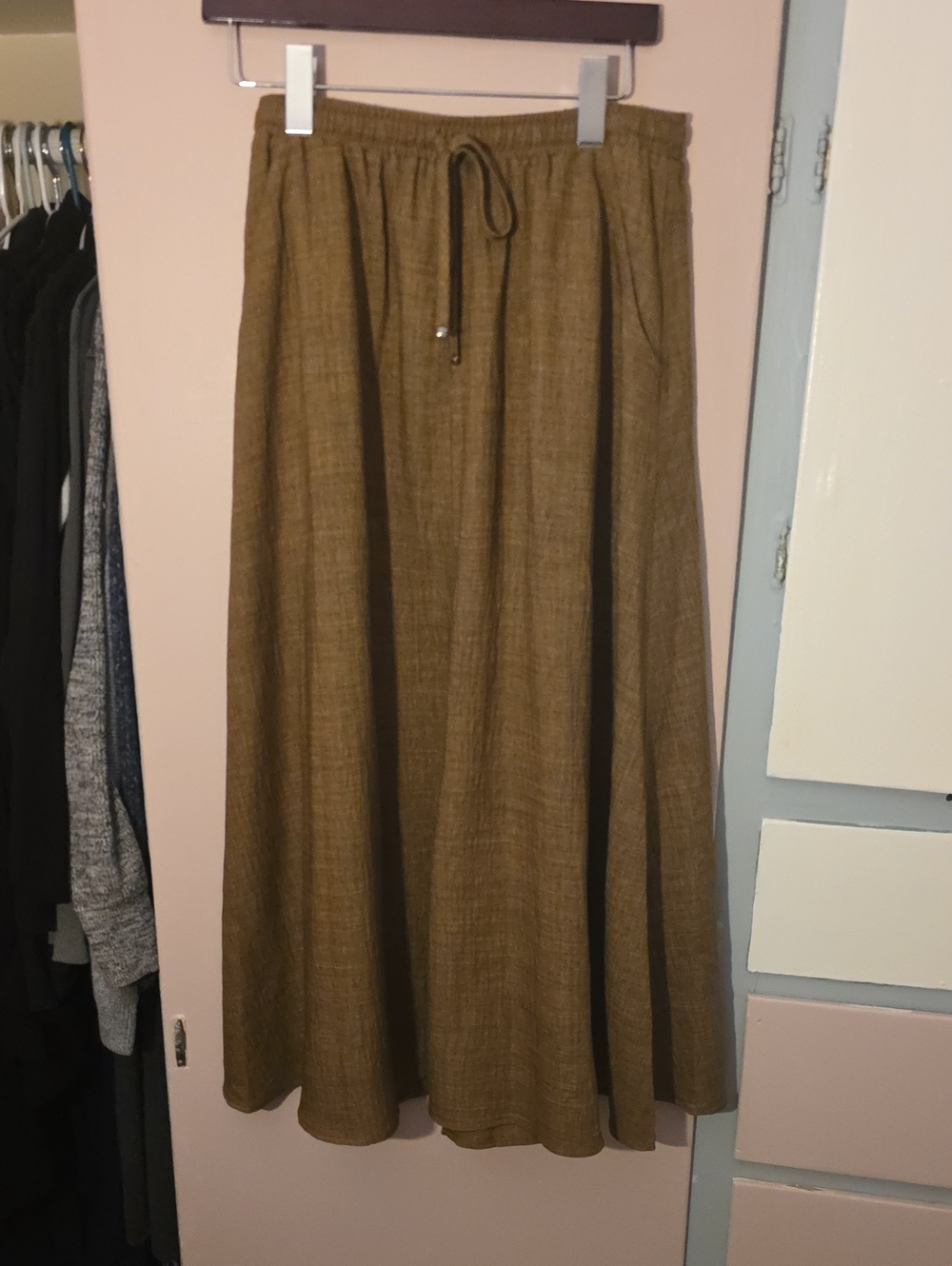 Max Studio Olive Brown Drawstring A-Line Maxi Skirt small nwt